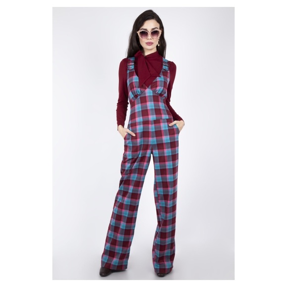 Voodoo Vixen plaid tartan jumpsuit playsuit 70s style Modcloth retro pockets - Picture 7 of 9